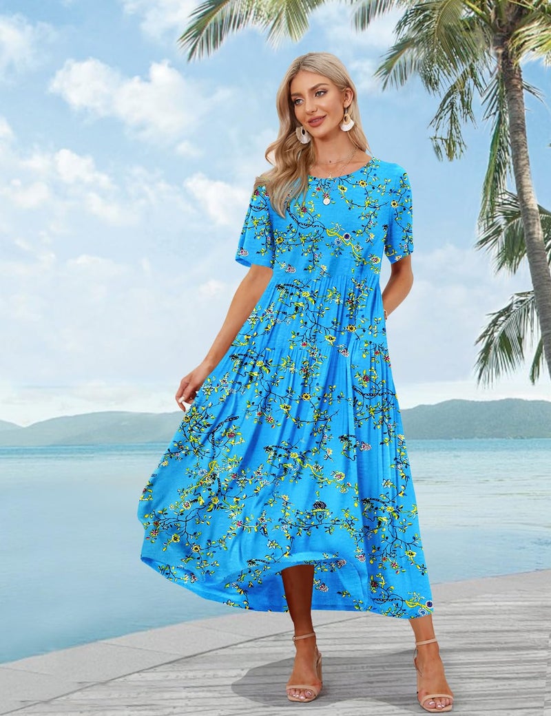 YESNO Women Casual Loose Bohemian Floral Dress with Pockets Short Sleeve Long Maxi Summer Beach Swing Dress 2XL EJF CR44 Blue/Yellow - Image 2